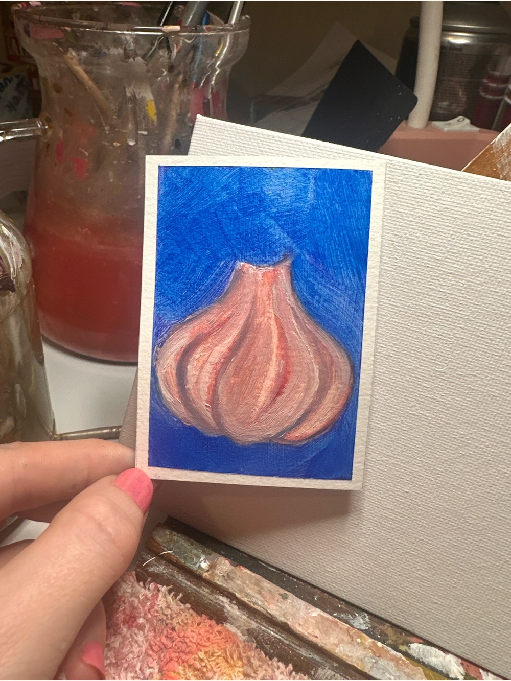 Hand-Painted Garlic Still Life on Blue Background - Home Art